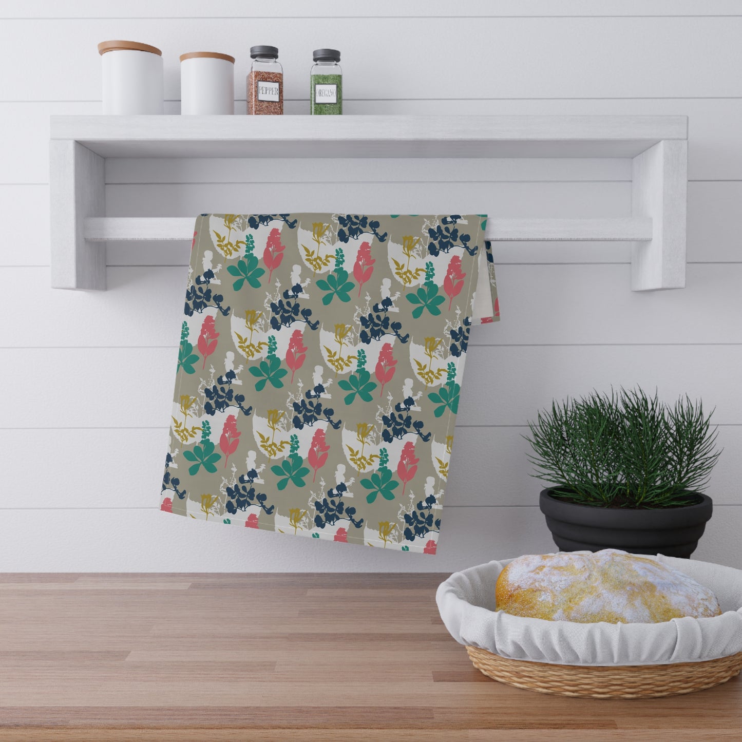 Beige "Hidden in Her Flowers" Kitchen Towel